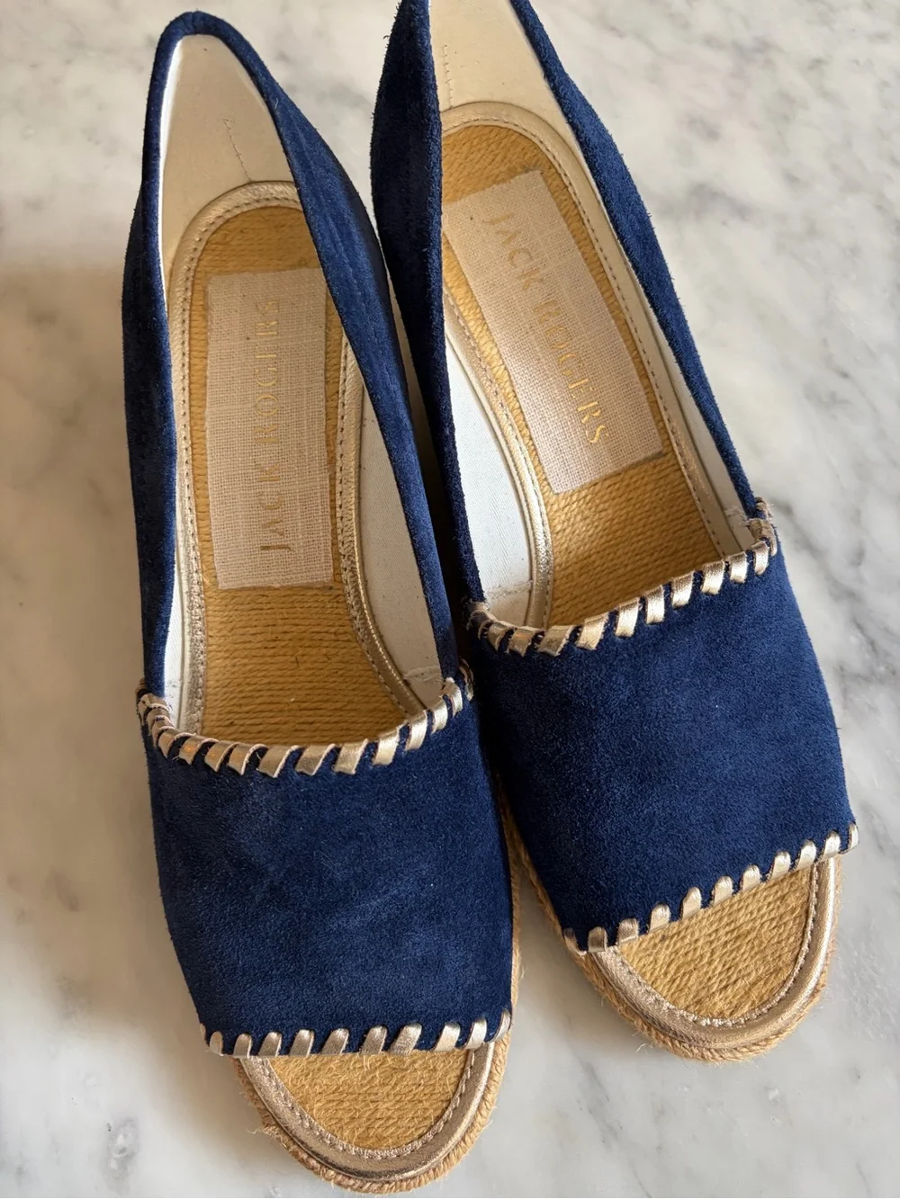 Jack Rogers Palmer Wedge Navy Suede Espadrille Open Toe, Womens 8 US, New